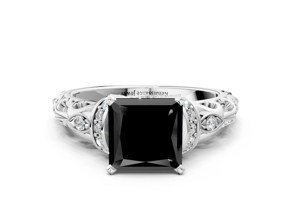 White gold Fancy Black Princess Cut Diamond Solitaire Ring with Filigree Band and Four-Prong Setting_12