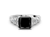 White gold Fancy Black Princess Cut Diamond Solitaire Ring with Filigree Band and Four-Prong Setting_12