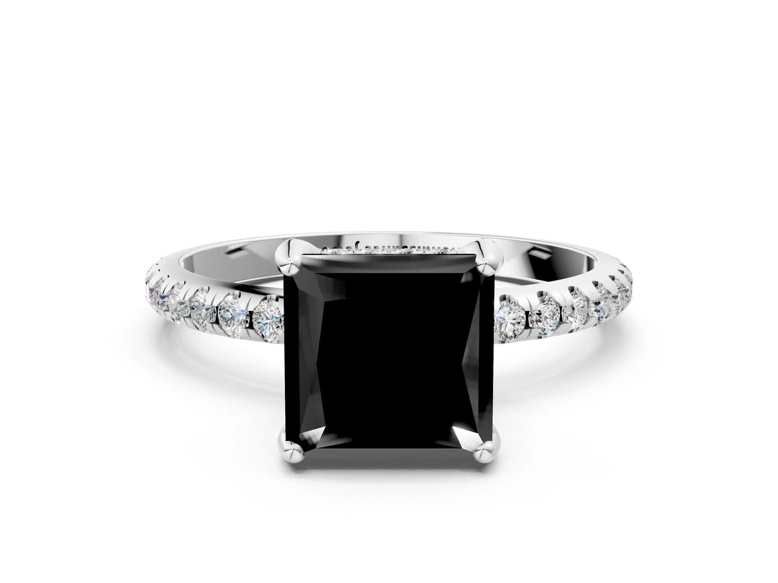 White gold Fancy Black Princess Cut Diamond Solitaire Ring with Four-Prong Setting and Pavé Band_3