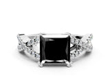 White gold Fancy Black Princess Cut Diamond Solitaire Ring with Four-Prong Setting and Twisted Pavé Band