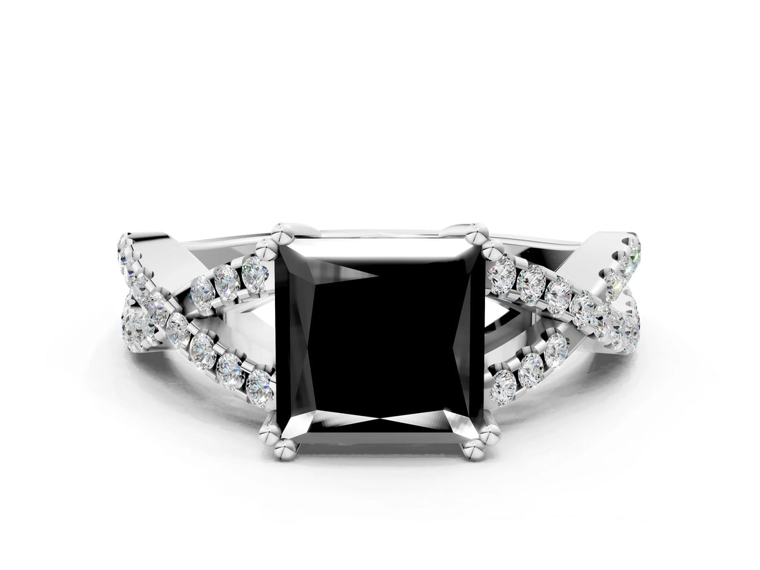 White gold Fancy Black Princess Cut Diamond Solitaire Ring with Four-Prong Setting and Twisted Pavé Band