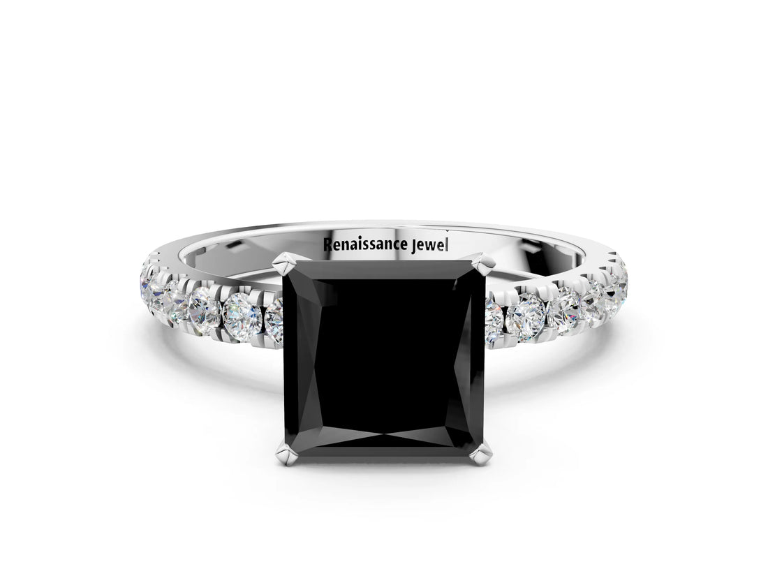 White gold Fancy Black Princess Cut Diamond Solitaire Ring with Pavé Accents and Four-Prong Setting