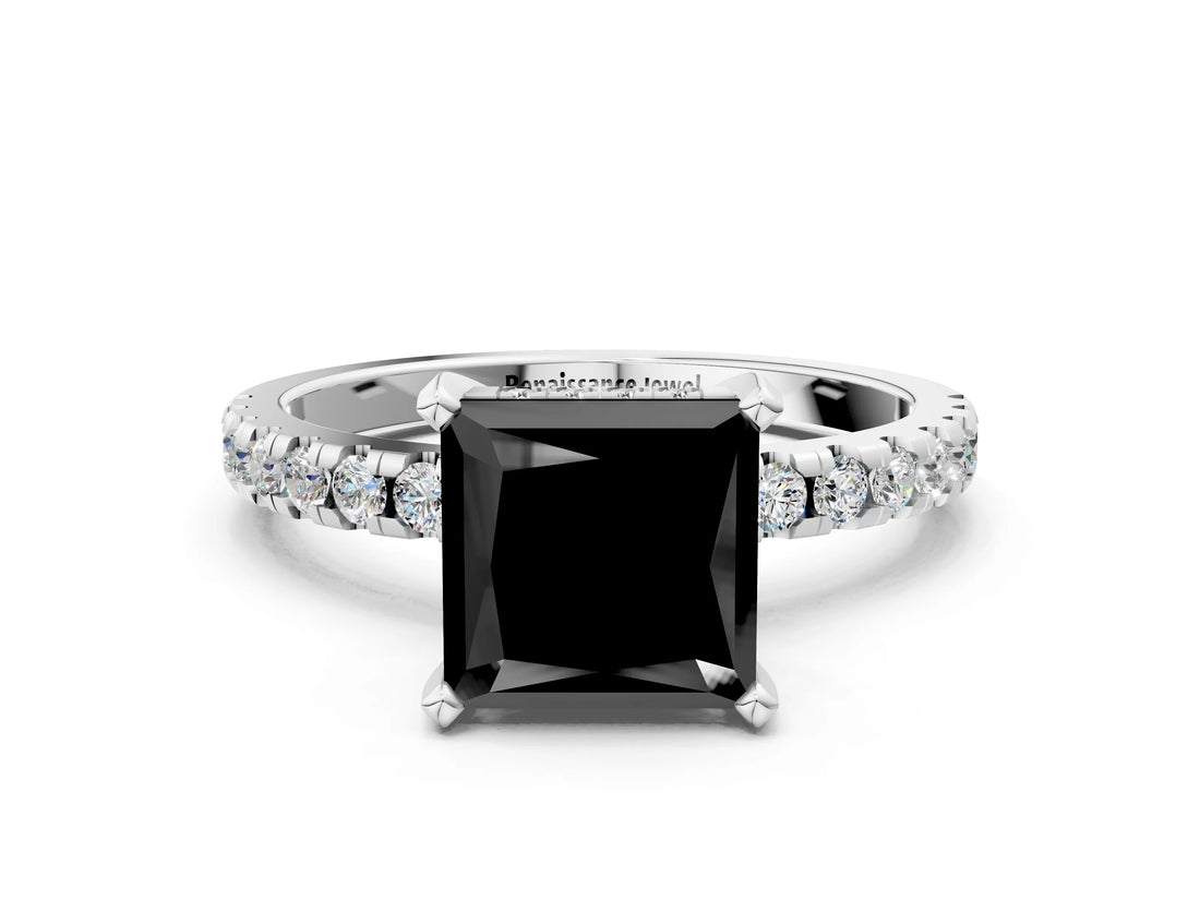 White gold Fancy Black Princess Cut Diamond Solitaire Ring with Pavé Band and Four-Prong Setting_24