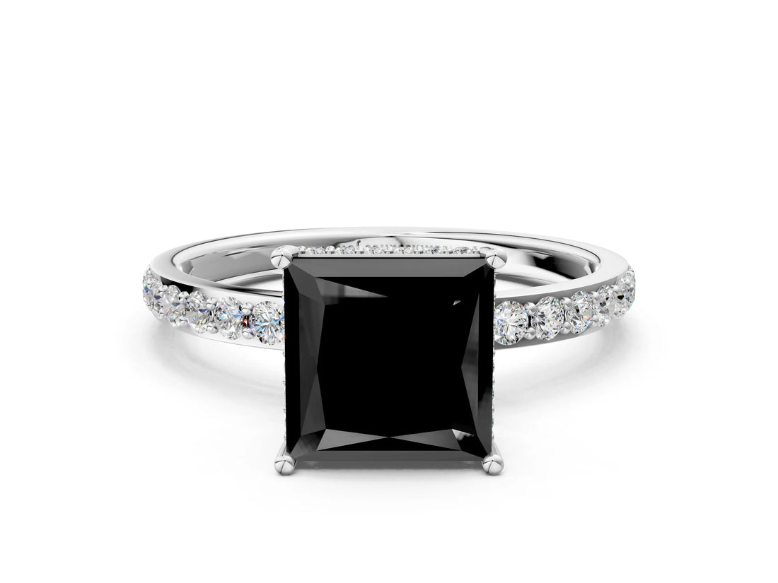 White gold Fancy Black Princess Cut Diamond Solitaire Ring with Pavé Band and Hidden Halo_24