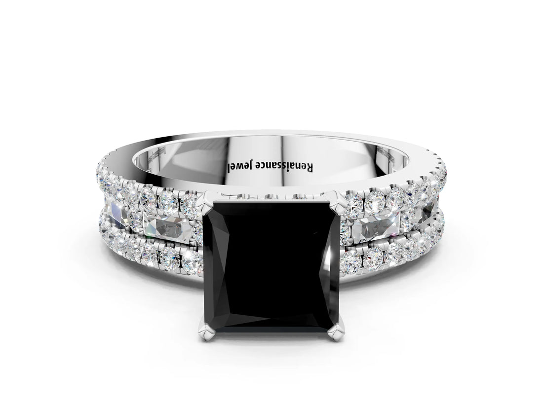 White gold Fancy Black Princess Cut Diamond Solitaire Ring with Pavé and Channel Set Band