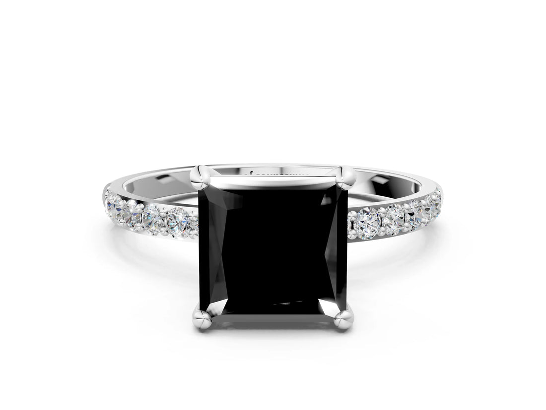White gold Fancy Black Princess Cut Diamond Solitaire Ring with Pave Band and Four Prong Setting_24