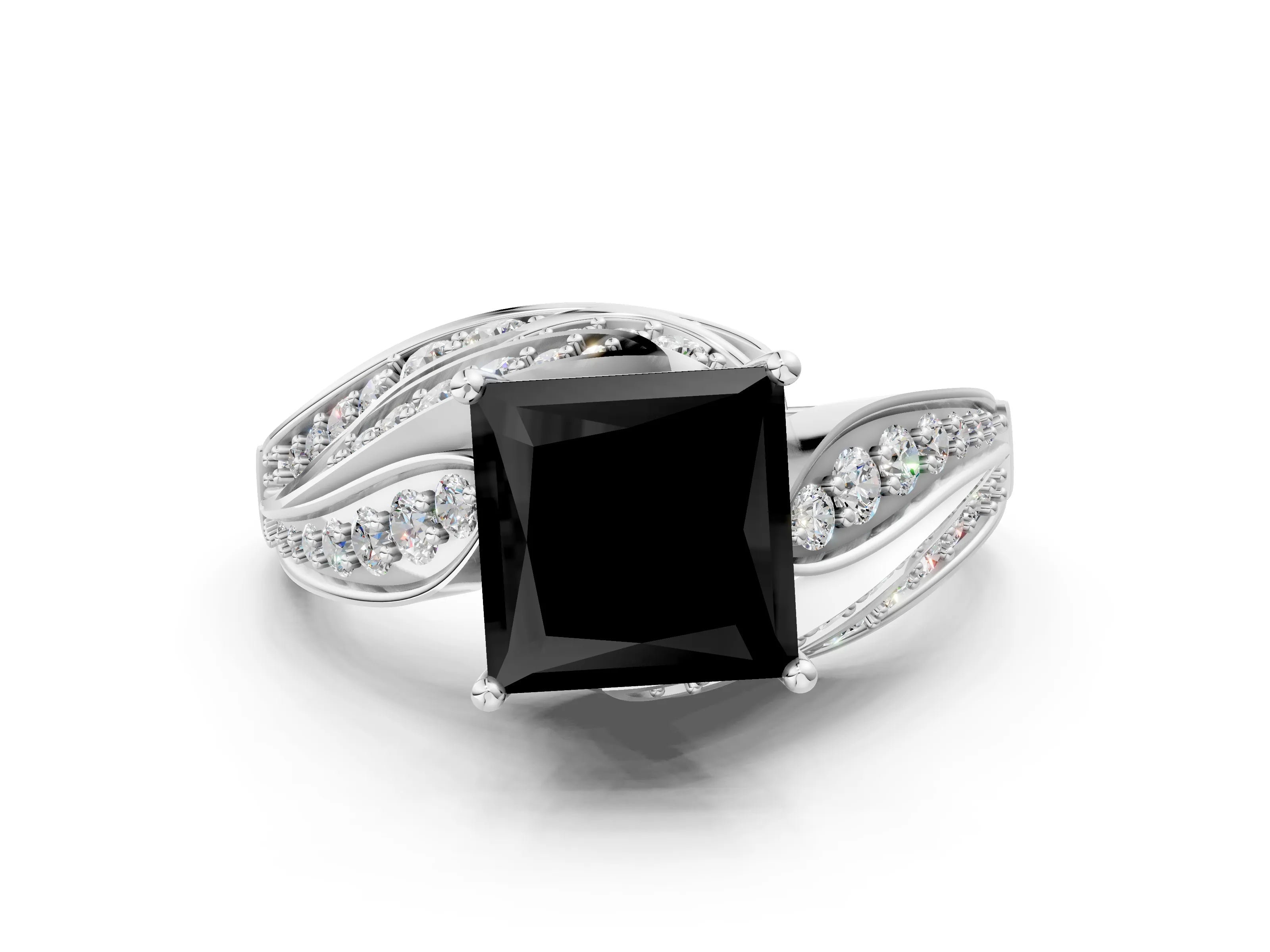 White gold Fancy Black Princess Cut Diamond Solitaire Ring with Prong Setting and Twisted Pavé Band_12