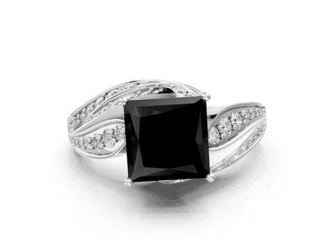 White gold Fancy Black Princess Cut Diamond Solitaire Ring with Prong Setting and Twisted Pavé Band_12