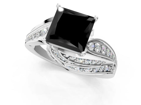 White gold Fancy Black Princess Cut Diamond Solitaire Ring with Prong Setting and Twisted Pavé Band_13
