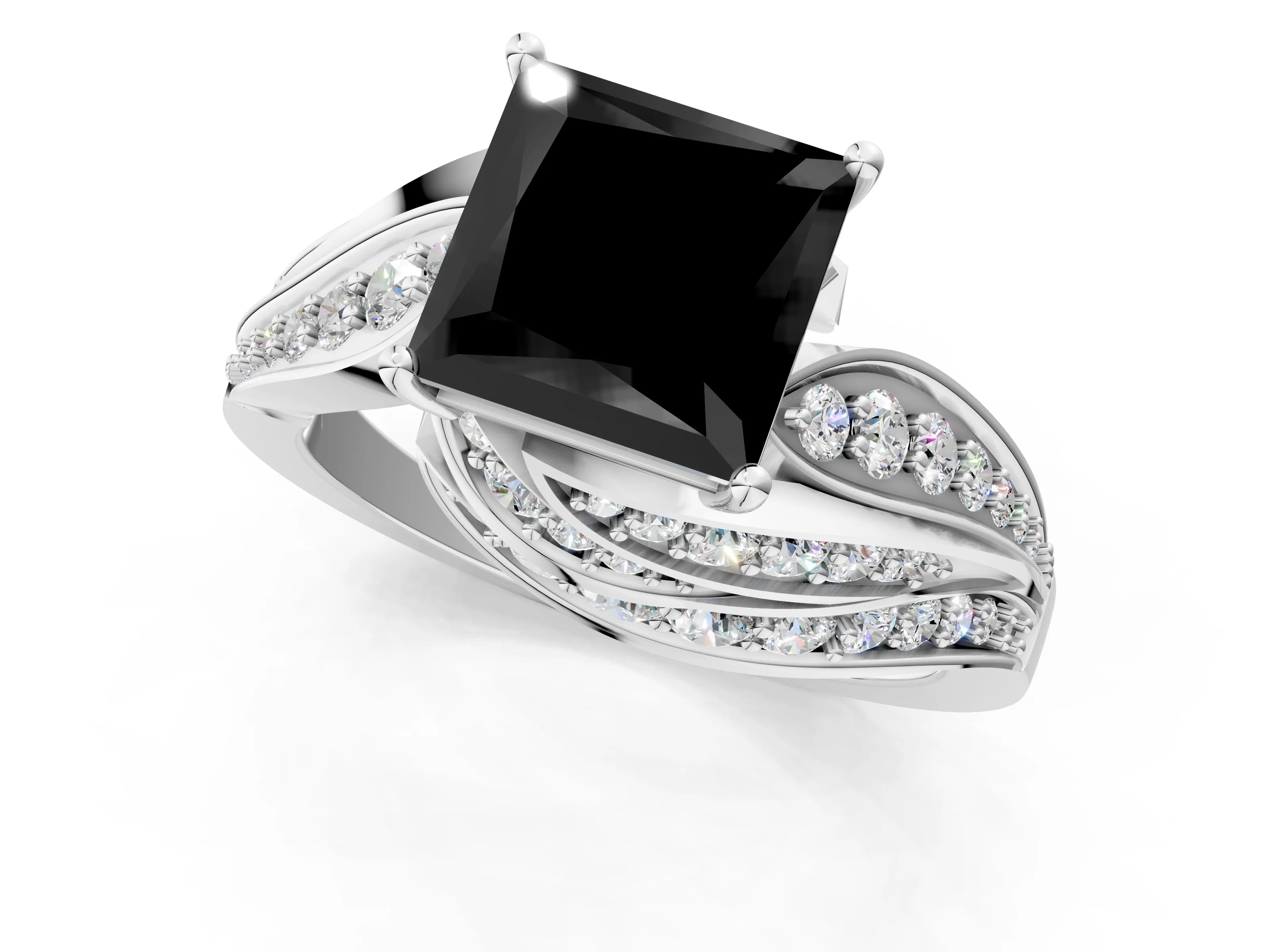 White gold Fancy Black Princess Cut Diamond Solitaire Ring with Prong Setting and Twisted Pavé Band_13