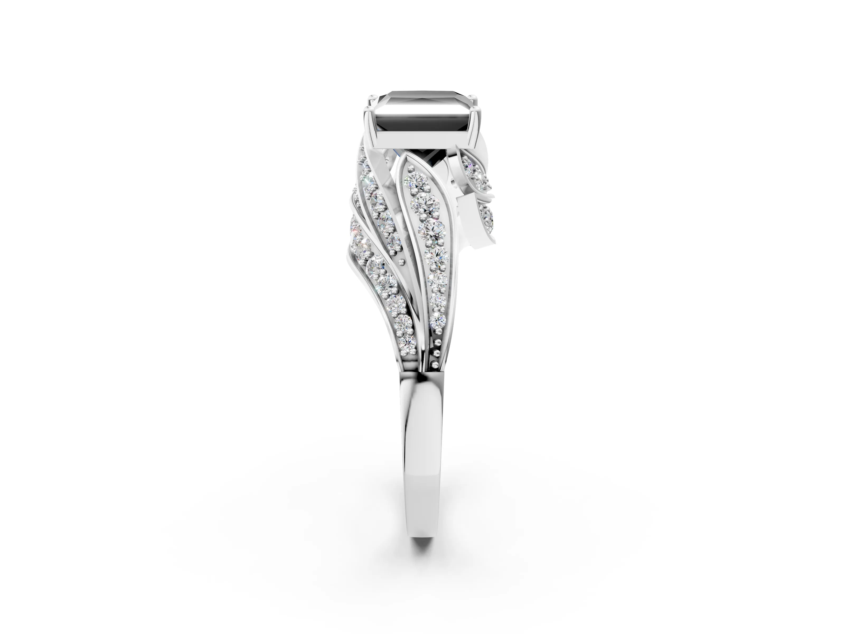 White gold Fancy Black Princess Cut Diamond Solitaire Ring with Prong Setting and Twisted Pavé Band_14