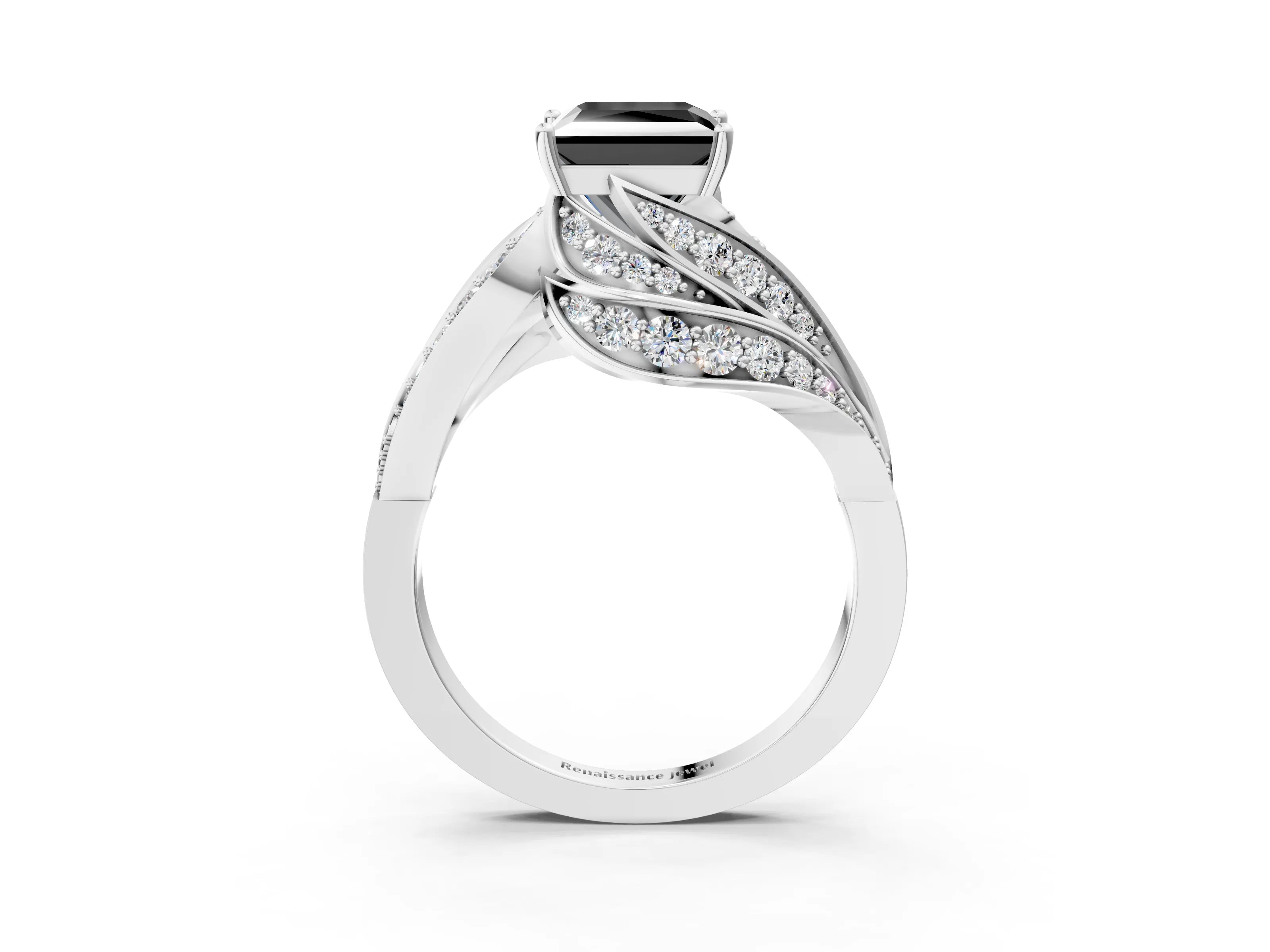 White gold Fancy Black Princess Cut Diamond Solitaire Ring with Prong Setting and Twisted Pavé Band_15