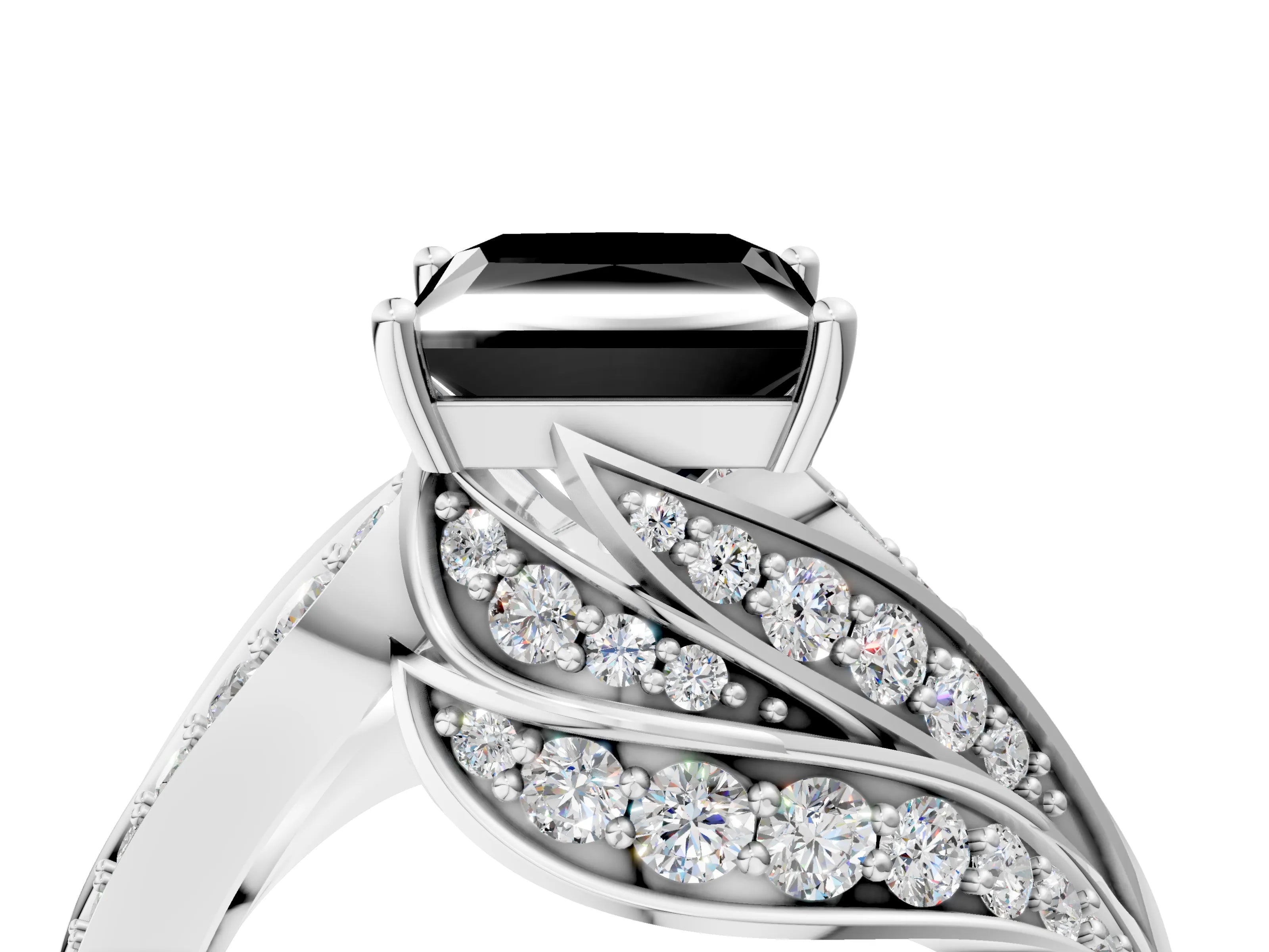 White gold Fancy Black Princess Cut Diamond Solitaire Ring with Prong Setting and Twisted Pavé Band_16