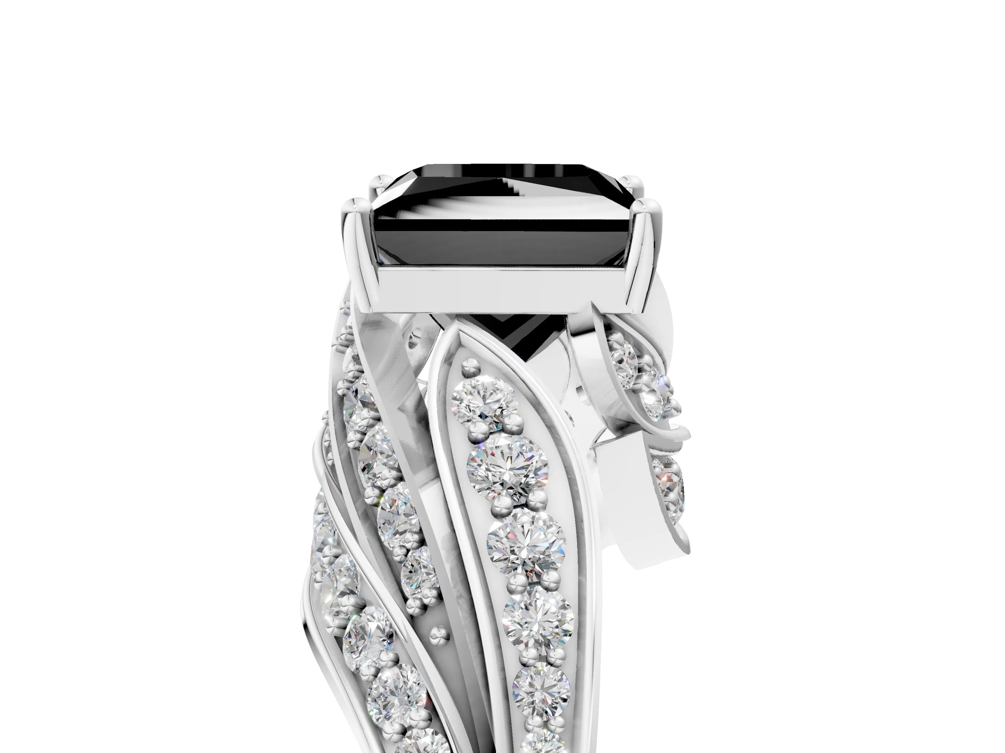 White gold Fancy Black Princess Cut Diamond Solitaire Ring with Prong Setting and Twisted Pavé Band_17