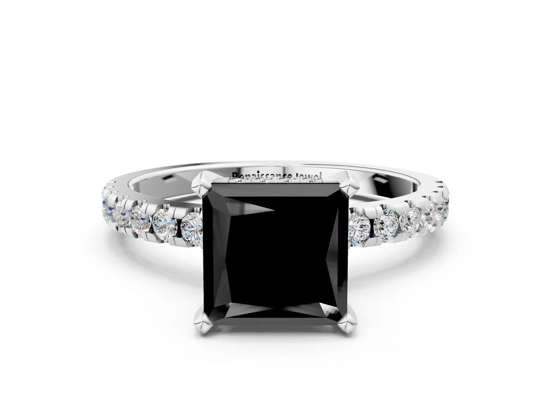 White gold Fancy Black Princess Cut Diamond Solitaire Ring with Round  Pavé Band and Four-Prong Setting_48