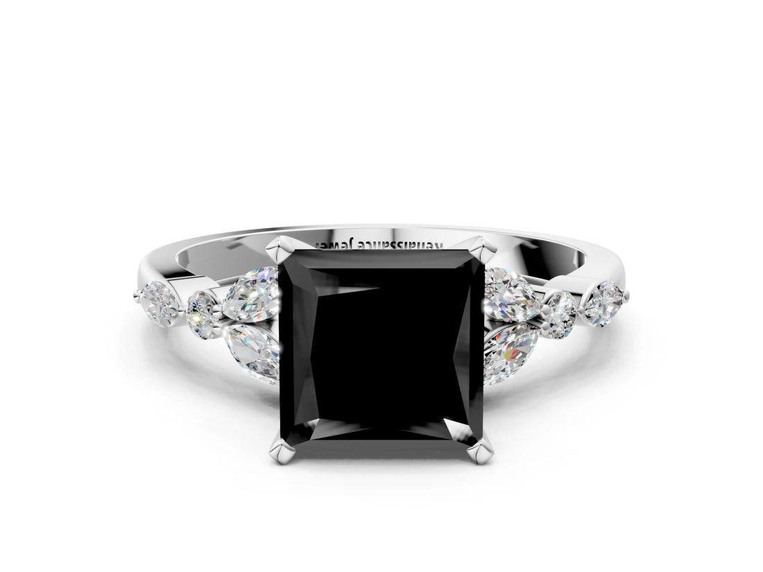White gold Fancy Black Princess Cut Diamond Solitaire Ring with Side Stones and Four-Prong Setting_55
