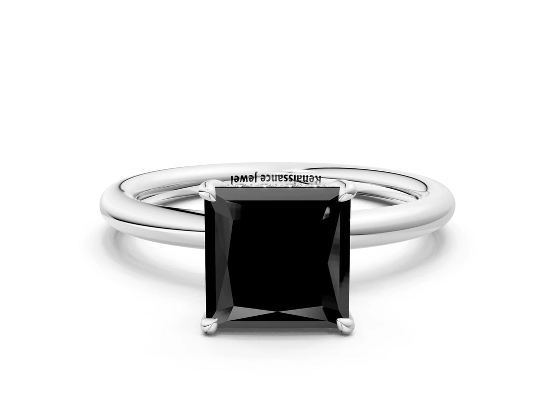 White gold Fancy Black Princess Cut Diamond Solitaire Ring with Thin Band and Four-Prong Setting