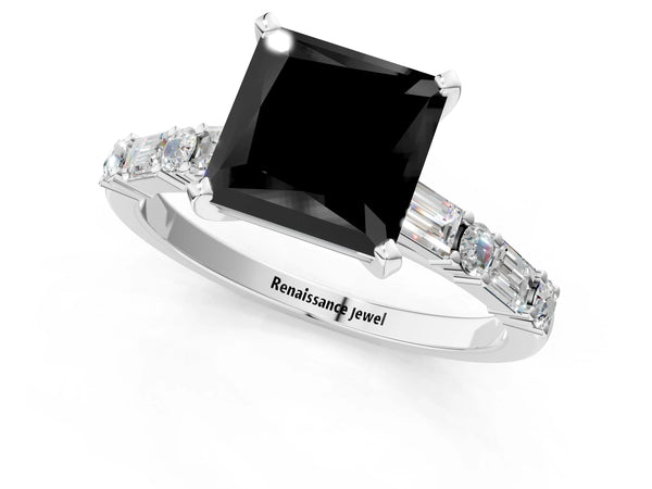 Platinum Princess Cut Engagement Ring Setting for Black Center with Baguette Sides and Mixed Accents