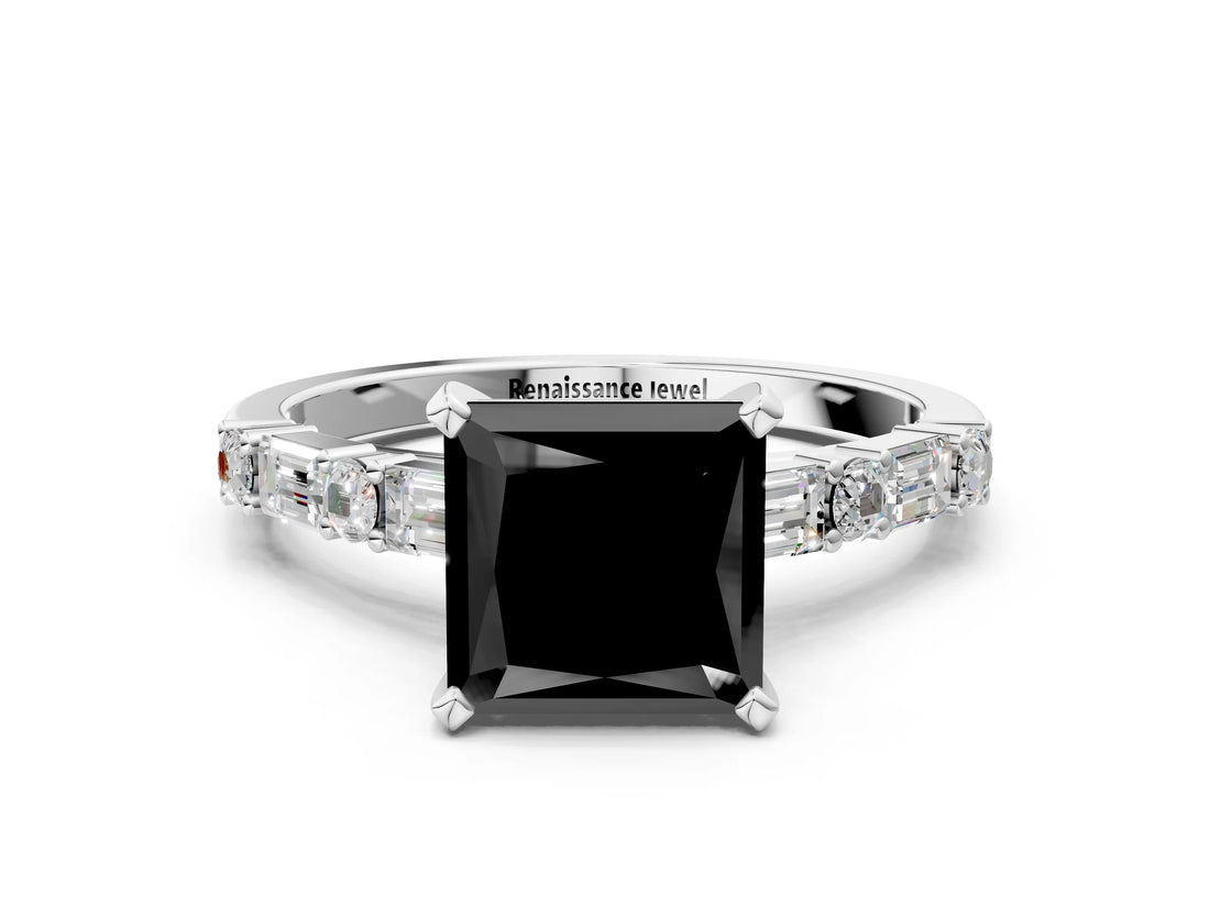 White gold Fancy Black Princess Cut Diamond Solitaire with Side Baguettes and Channel Set Band
