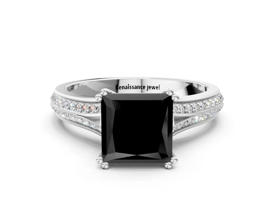 White gold Fancy Black Princess Cut Diamond Split Shank Engagement Ring with Pavé Band