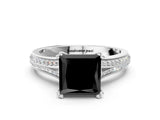 White gold Fancy Black Princess Cut Diamond Split Shank Engagement Ring with Pavé Band