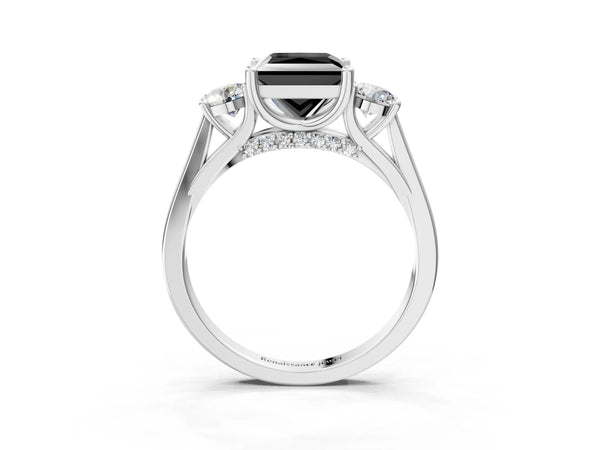 White gold Fancy Black Princess Cut Diamond Three-Stone Engagement Ring with Prong Setting and Pavé Band