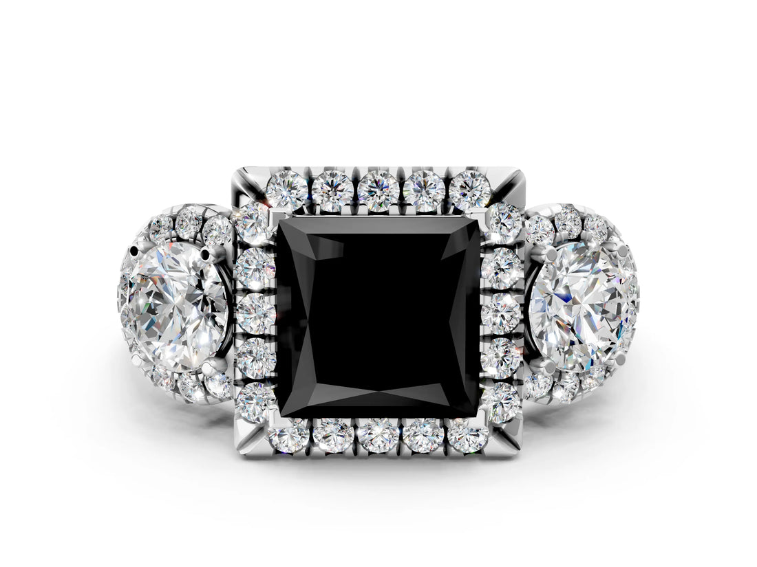 White gold Fancy Black Princess Cut Diamond Three-Stone Halo Ring with Prong Setting and Pavé Accents