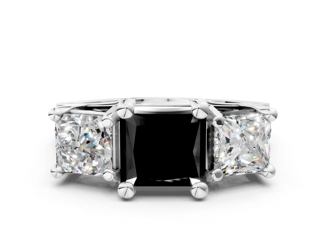 White gold Fancy Black Princess Cut Diamond Three-Stone Ring with Channel Set Band and Four-Prong Setting_24
