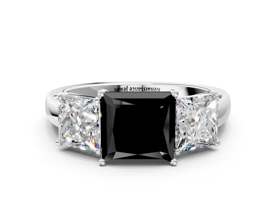 White gold Fancy Black Princess Cut Diamond Three-Stone Ring with Four-Prong Setting and Classic Band