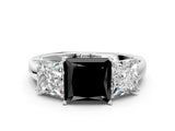 White gold Fancy Black Princess Cut Diamond Three-Stone Ring with Four-Prong Setting and Classic Band