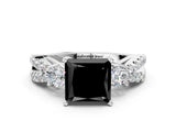 White gold Fancy Black Princess Cut Diamond Three-Stone Ring with Pavé Split Shank and Four-Prong Setting