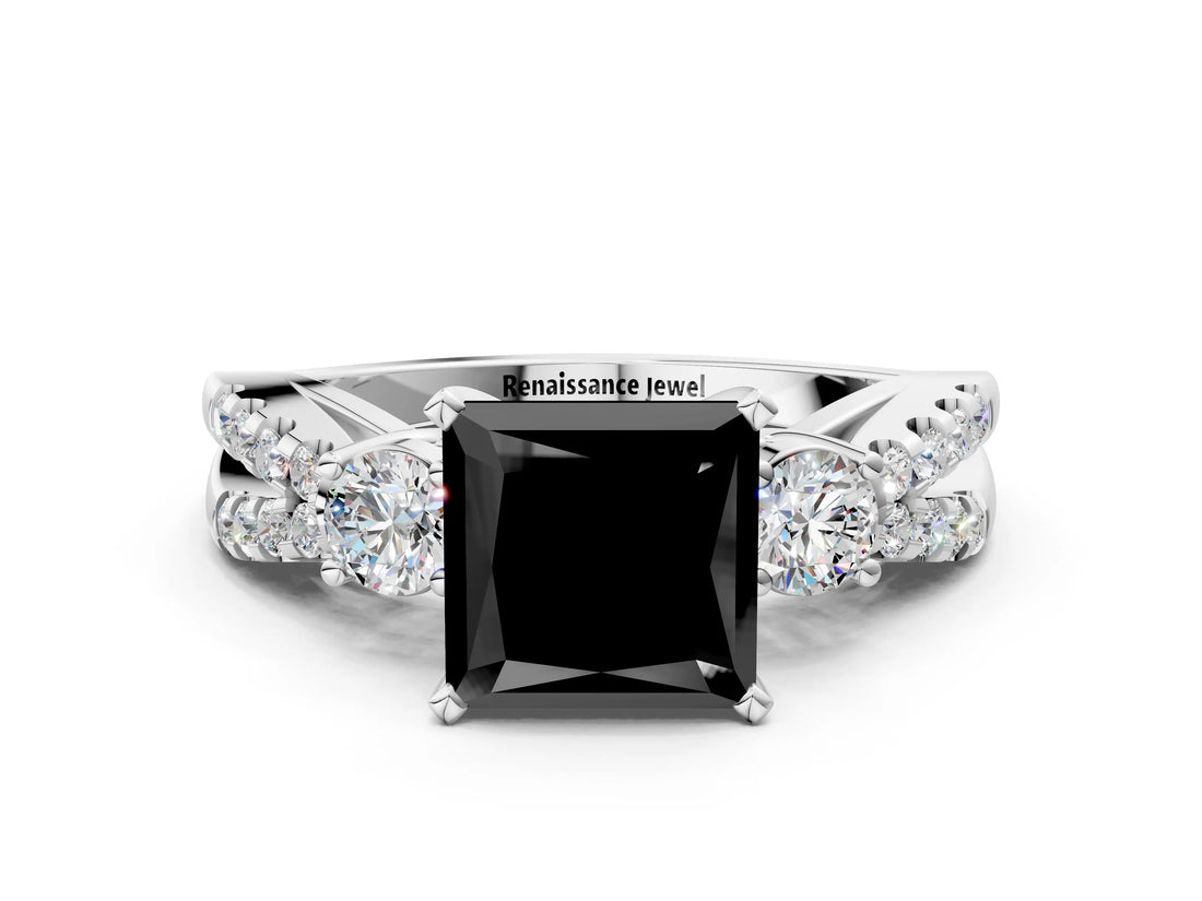 White gold Fancy Black Princess Cut Diamond Three-Stone Ring with Pavé Split Shank and Four-Prong Setting