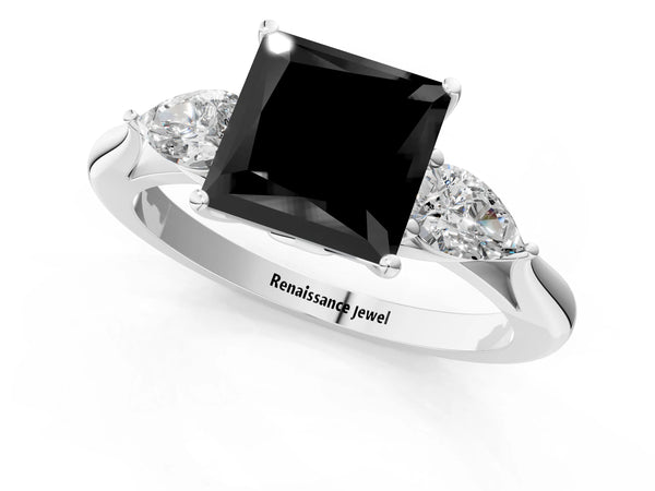 Platinum Princess Cut Three Stone Pear Side Engagement Ring Setting for Black Center