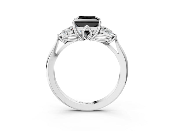 Platinum Princess Cut Three Stone Pear Side Engagement Ring Setting for Black Center
