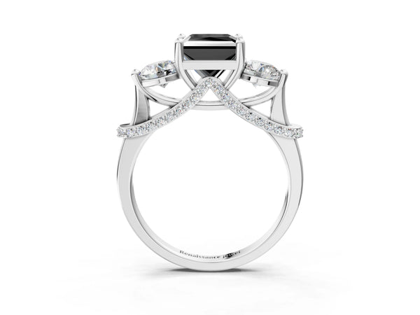 White Gold Princess Cut Curved Pave Three Stone Engagement Ring Setting for Black Center