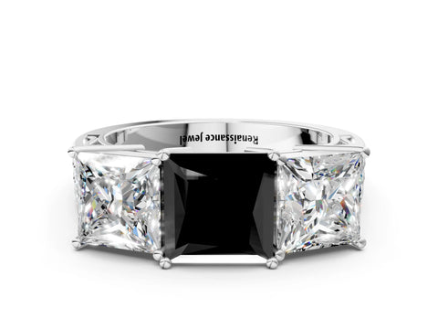 White gold Fancy Black Princess Cut Diamond Three-Stone Ring with Prong Setting and Textured Band_12
