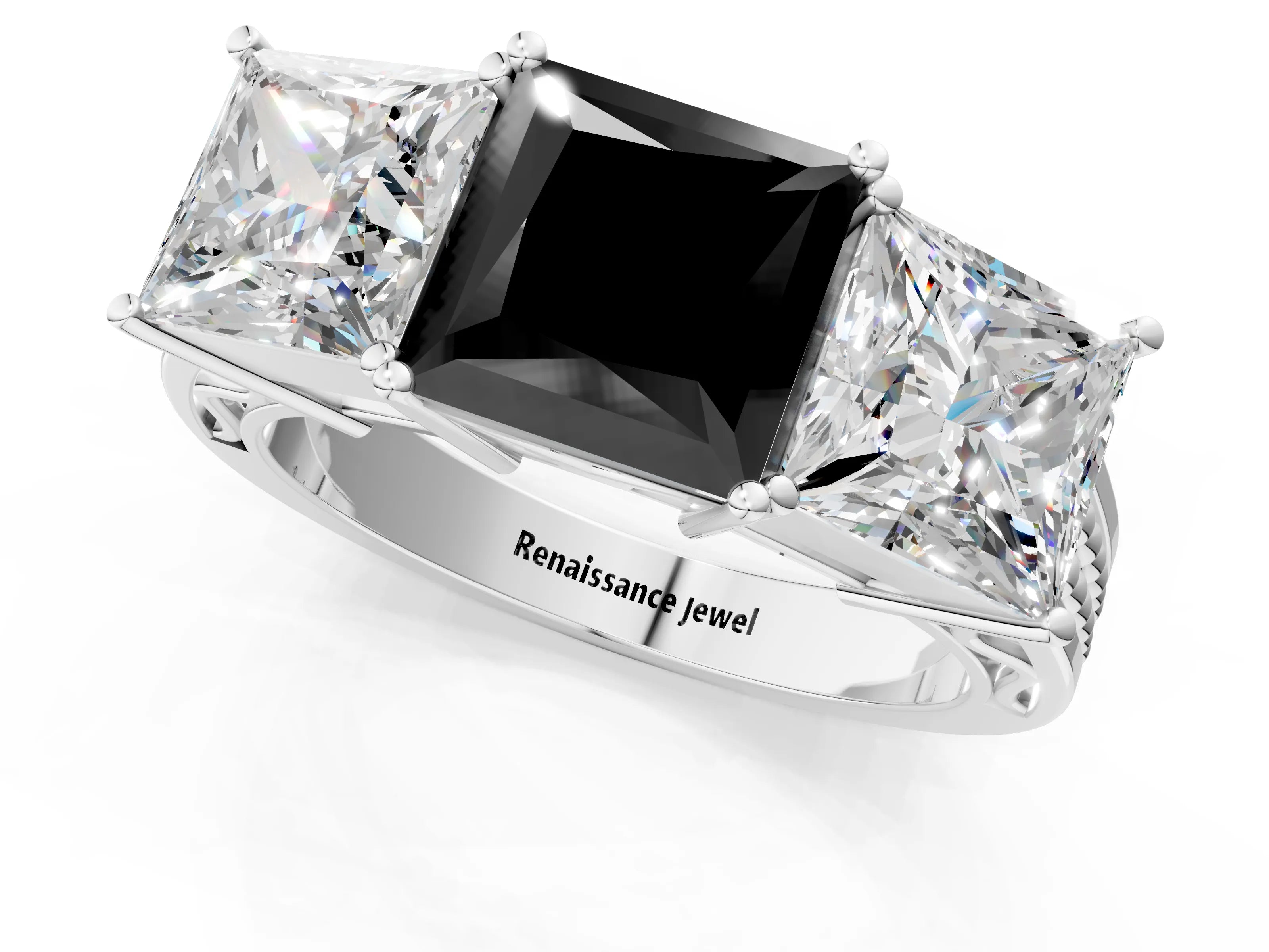 White gold Fancy Black Princess Cut Diamond Three-Stone Ring with Prong Setting and Textured Band_13