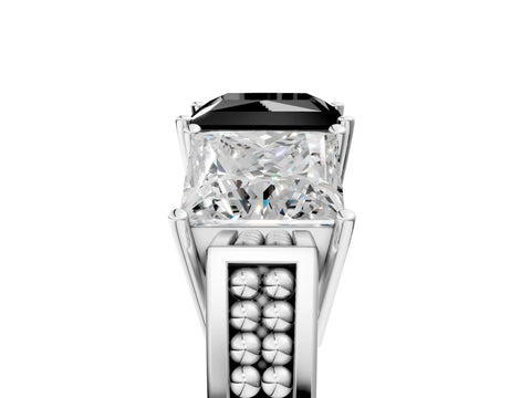 White gold Fancy Black Princess Cut Diamond Three-Stone Ring with Prong Setting and Textured Band_13