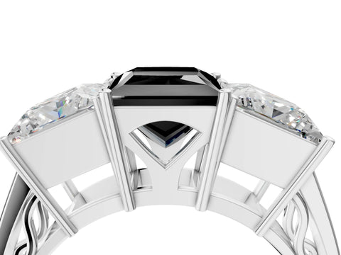 White gold Fancy Black Princess Cut Diamond Three-Stone Ring with Prong Setting and Textured Band_16