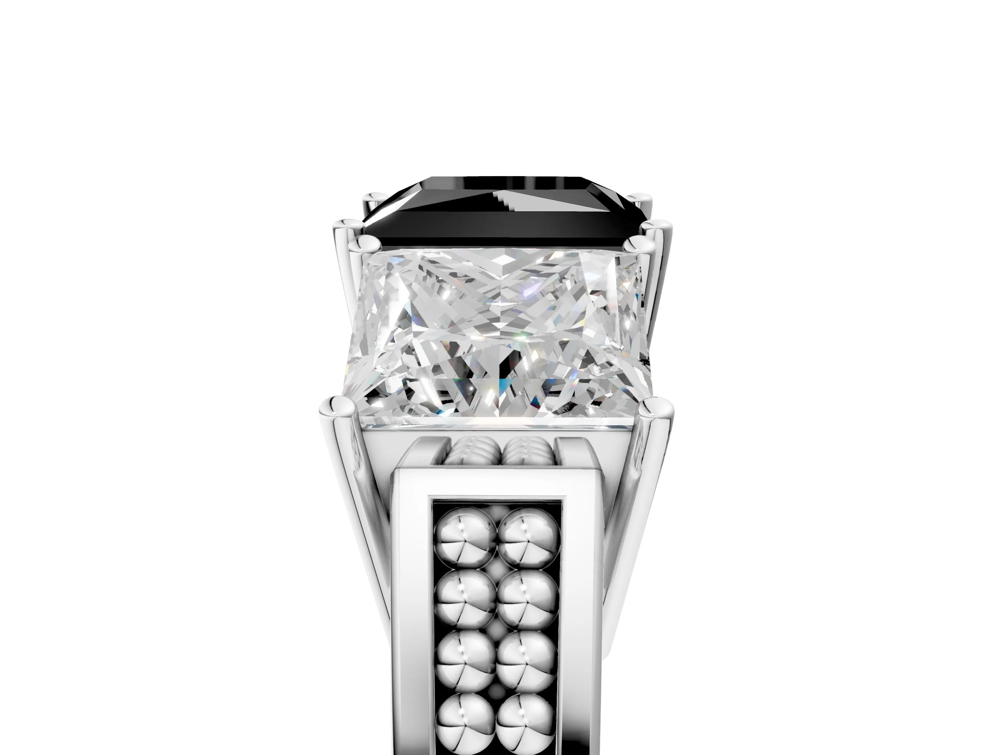White gold Fancy Black Princess Cut Diamond Three-Stone Ring with Prong Setting and Textured Band_17