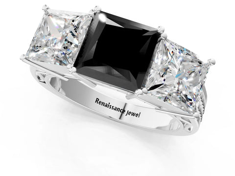 White gold Fancy Black Princess Cut Diamond Three-Stone Ring with Prong Setting and Textured Band_1