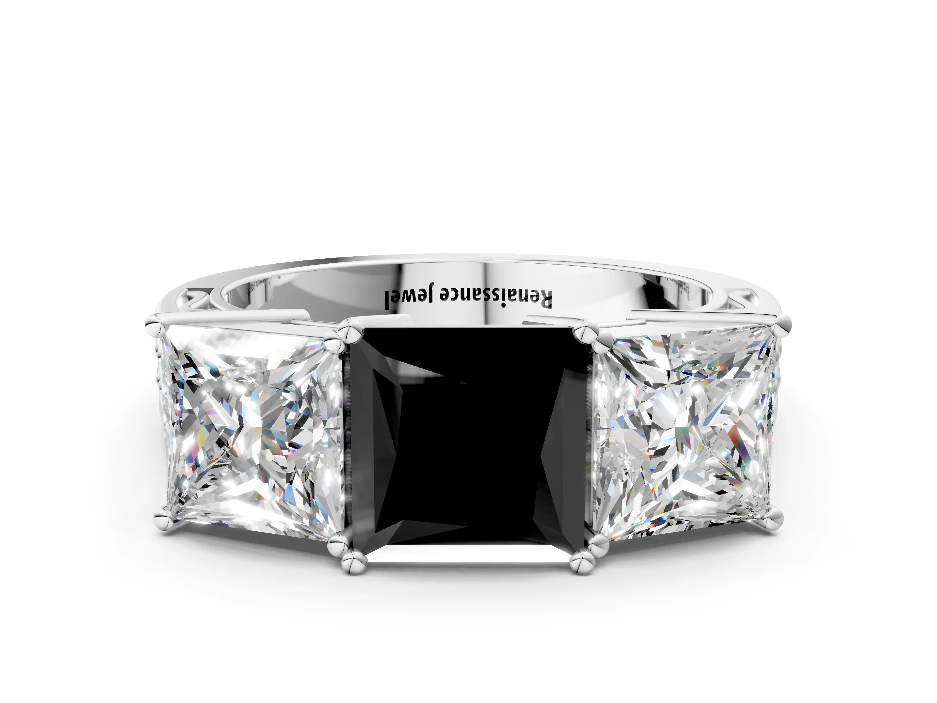White gold Fancy Black Princess Cut Diamond Three-Stone Ring with Prong Setting and Textured Band_24