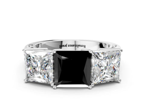 White gold Fancy Black Princess Cut Diamond Three-Stone Ring with Prong Setting and Textured Band_24