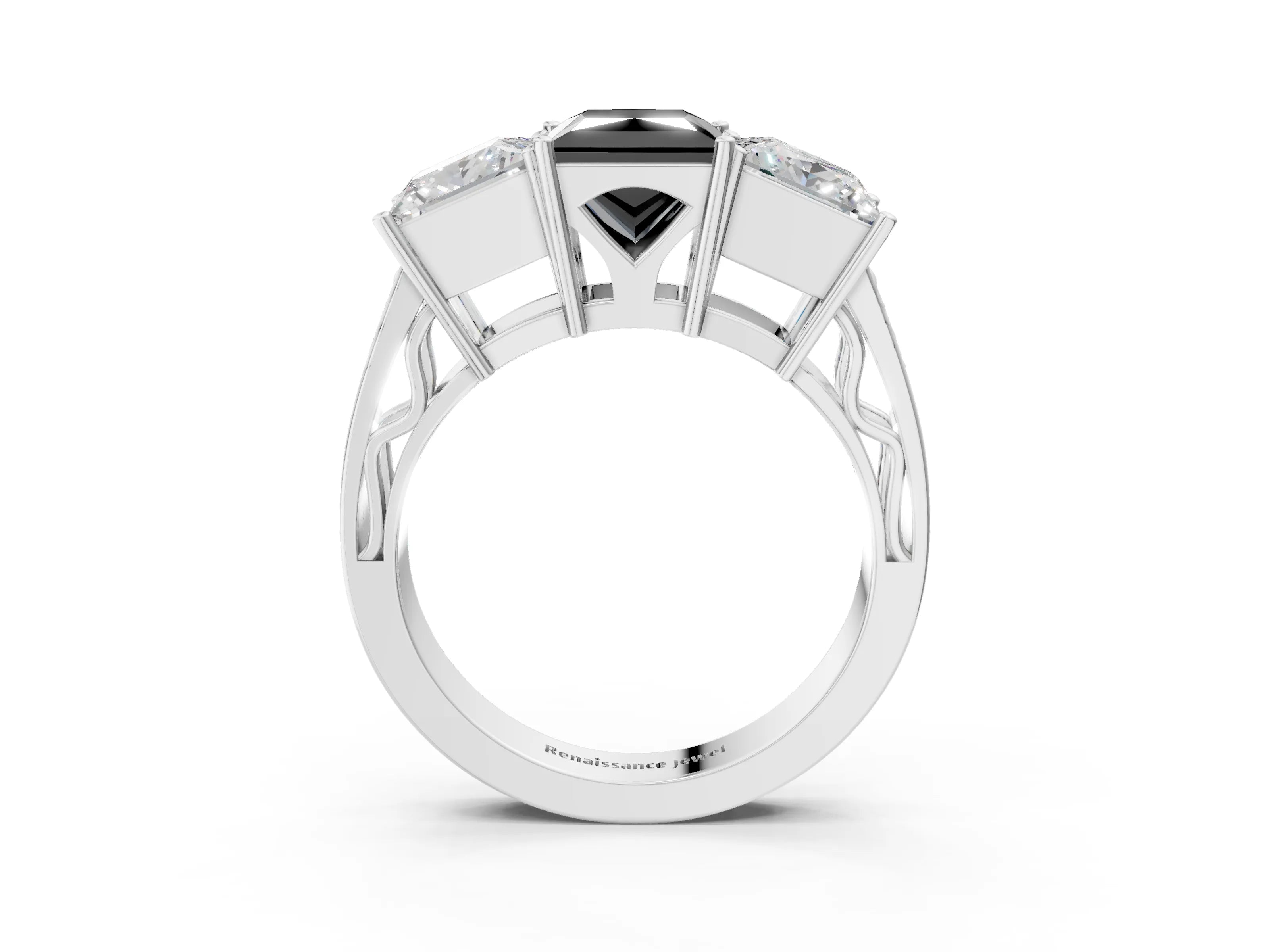 White gold Fancy Black Princess Cut Diamond Three-Stone Ring with Prong Setting and Textured Band_3