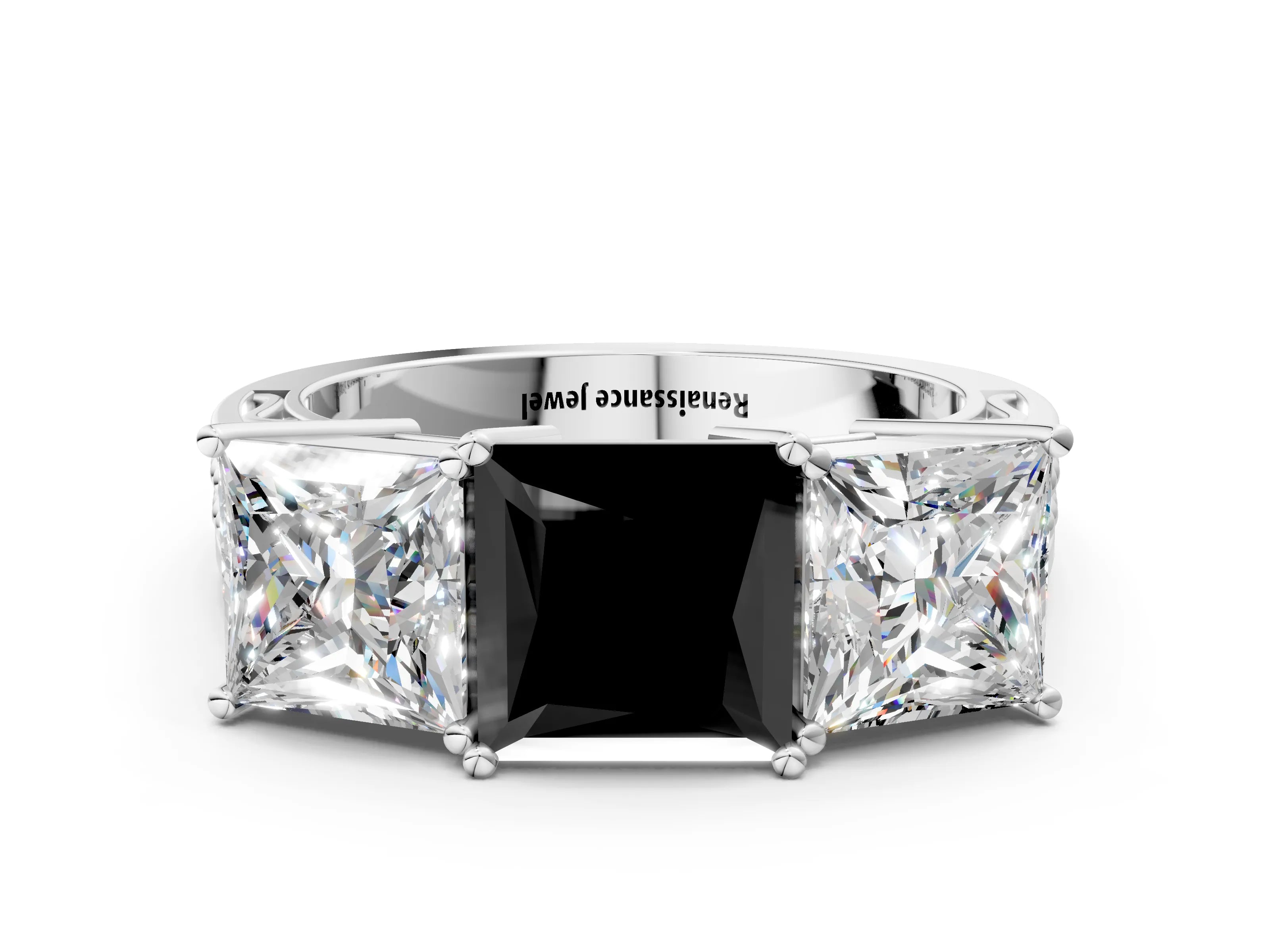 White gold Fancy Black Princess Cut Diamond Three-Stone Ring with Prong Setting and Textured Band_36