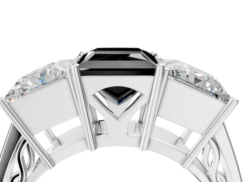 White gold Fancy Black Princess Cut Diamond Three-Stone Ring with Prong Setting and Textured Band_36