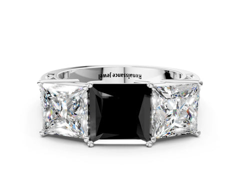 White gold Fancy Black Princess Cut Diamond Three-Stone Ring with Prong Setting and Textured Band_36