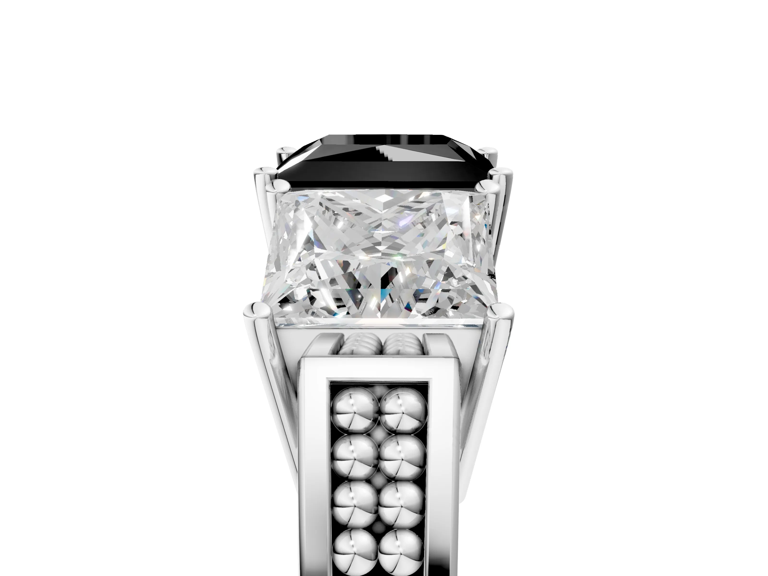 White gold Fancy Black Princess Cut Diamond Three-Stone Ring with Prong Setting and Textured Band_37