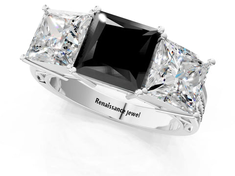 White gold Fancy Black Princess Cut Diamond Three-Stone Ring with Prong Setting and Textured Band_37