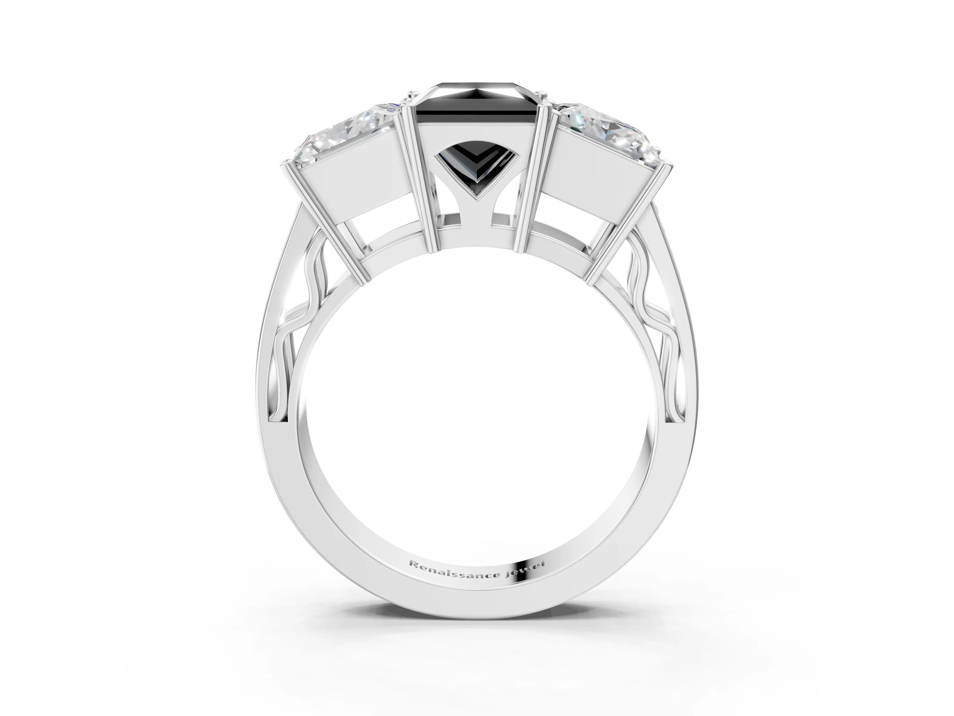 White gold Fancy Black Princess Cut Diamond Three-Stone Ring with Prong Setting and Textured Band_39
